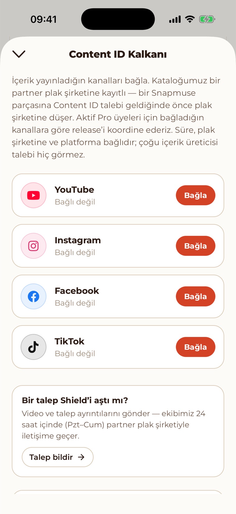 Snapmuse Studio Content ID Shield ekranı: YouTube, Instagram, Facebook ve TikTok kanallarını bağlama